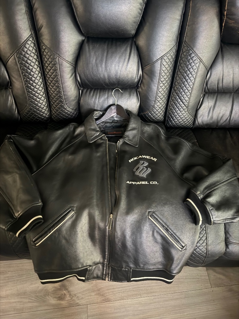 Vtg Rocawear Black Leather Bomber Jacket 2XL Hip Hop Y2K